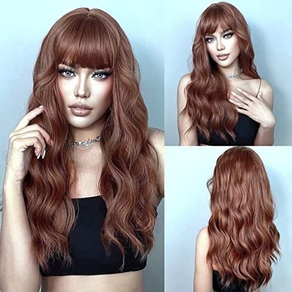 𝅺🆕 Stunning Long Auburn Brown Wig Synthetic No Lace Wig Full Bangs SEXY NWT👀😘 - Picture 1 of 7